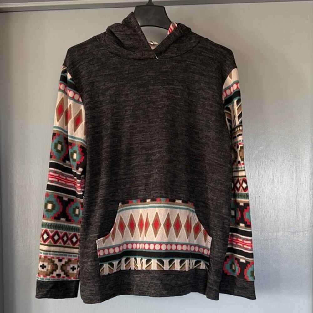 Vtg Women Aztec Southwestern Hoodie Pullover Top Pocket Long Sleeves sz L USA